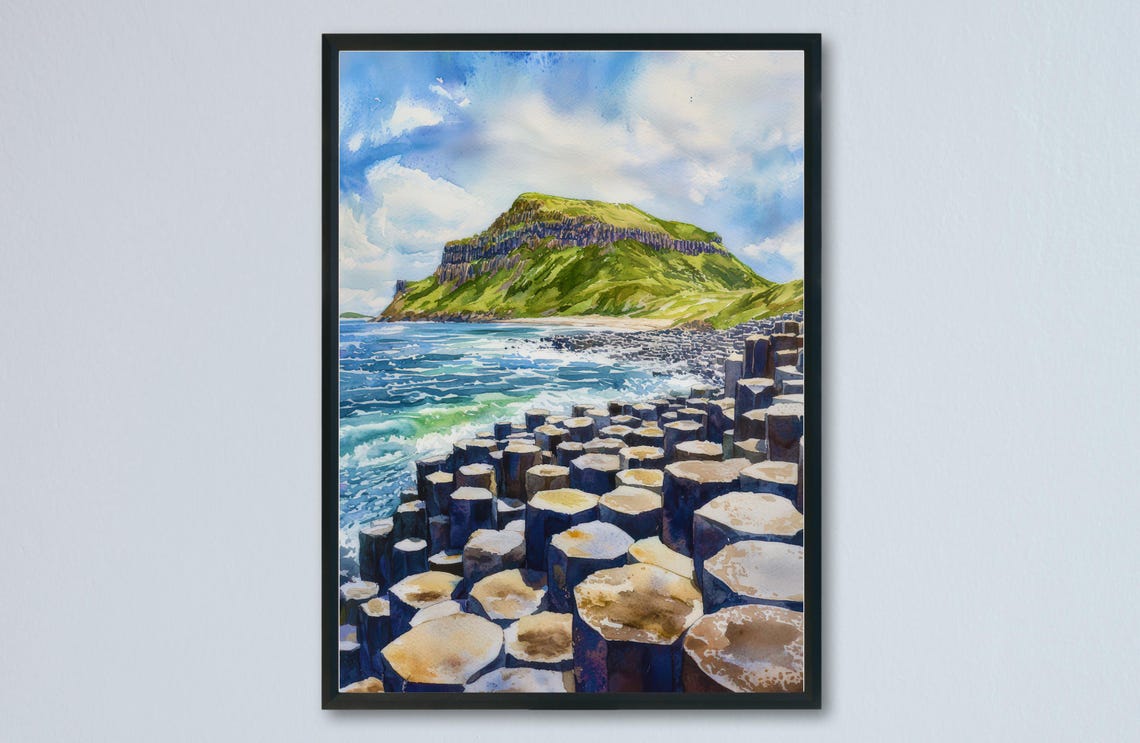 Giants Causeway Basalt Columns Northern Ireland Watercolor Poster