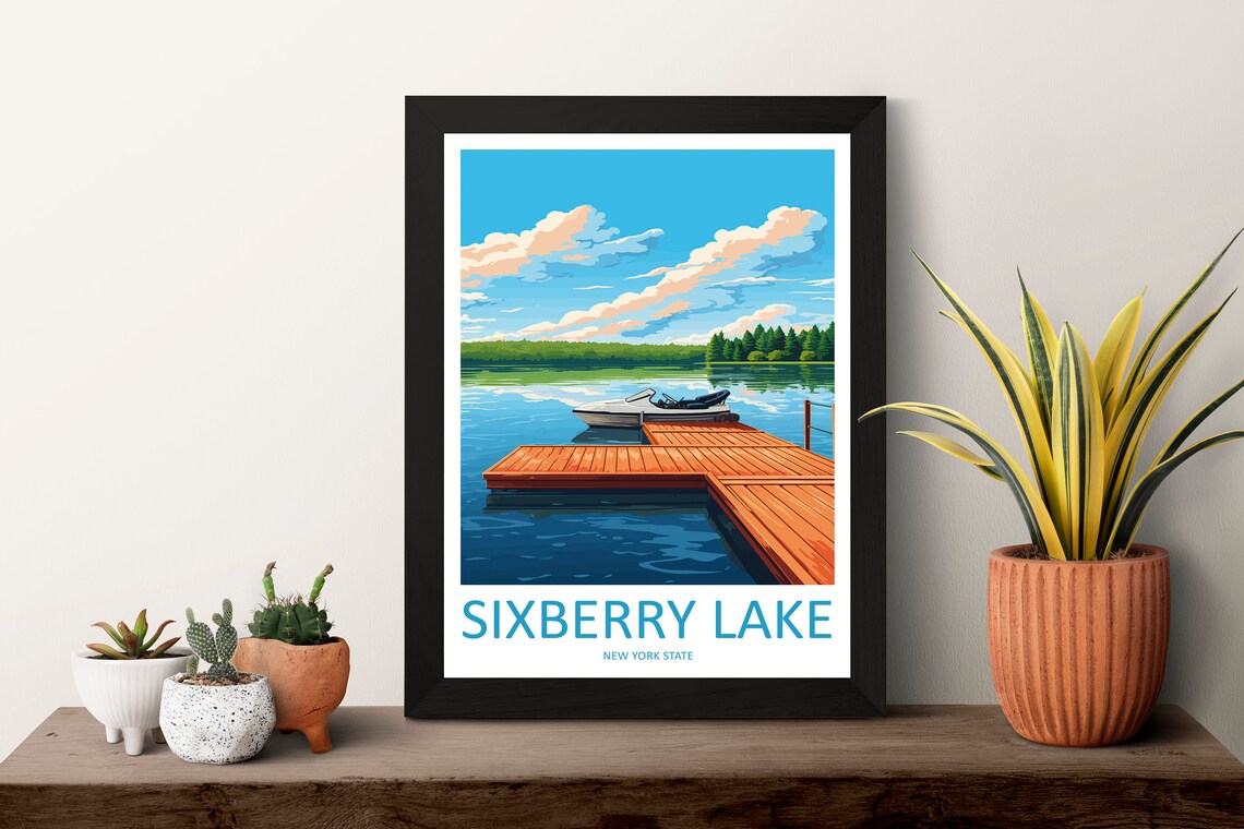 Sixberry Lake New York Peaceful Wooden Dock Boat Scene Poster - Image 3