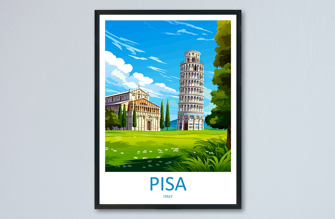 Pisa Italy Vintage Leaning Tower Travel Poster Sunny Daytime View