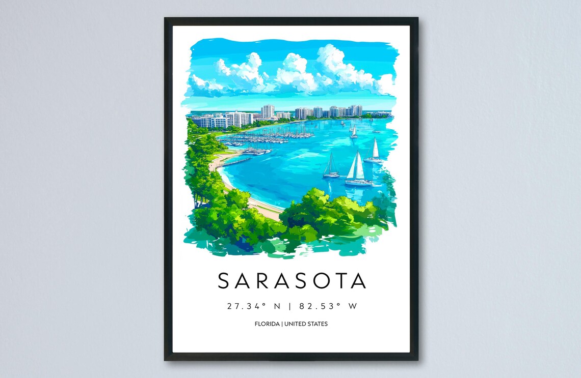 Sarasota Florida Watercolor Sailboats Bay Skyline Travel Print