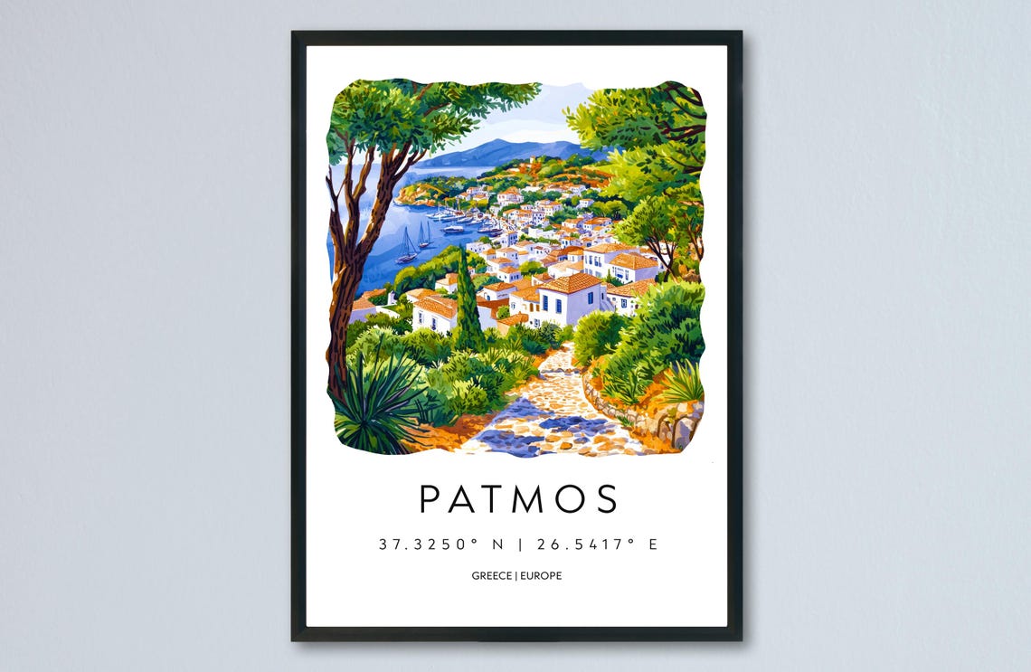 Patmos Greece Whitewashed Village Harbor Island Hills Art Poster