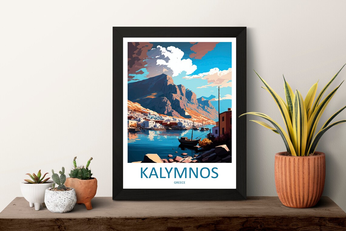 Kalymnos Greece Harbor Fishing Boat Rocky Peak Island Art Poster - Image 3