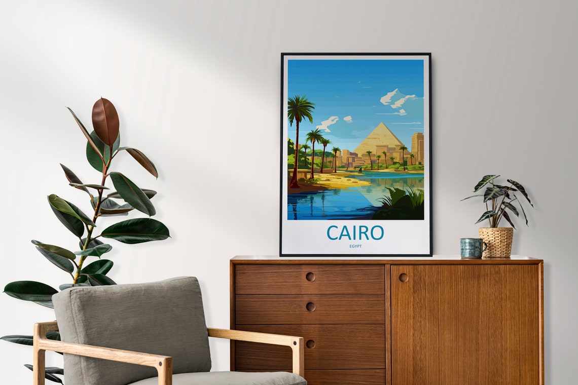 Cairo Egypt Great Pyramid Of Giza Palms Riverside Vintage Poster - Image 2