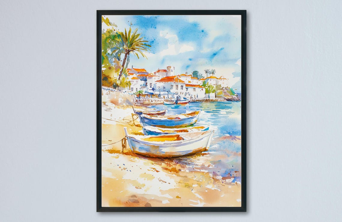 Cascais Beach Boats Palm Tree Coastal Watercolor Travel Poster