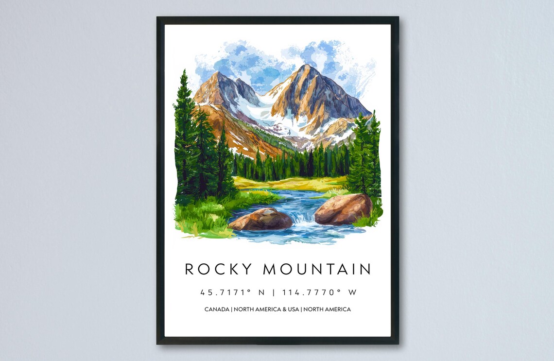 Rocky Mountain Alpine Peaks Watercolor Mountain Stream Poster