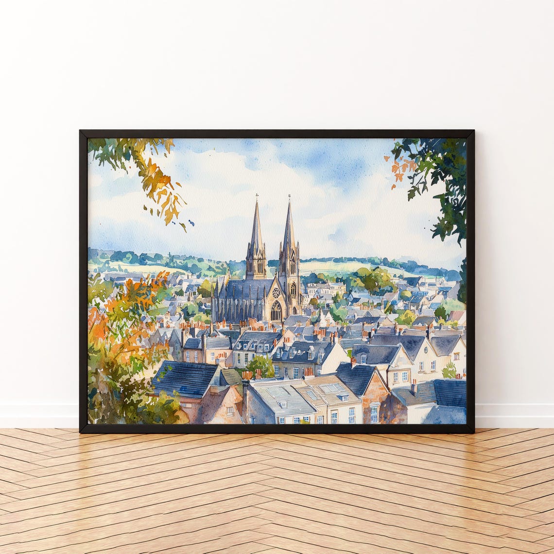 Truro Cornwall Cathedral City Rooftops Watercolor Travel Poster