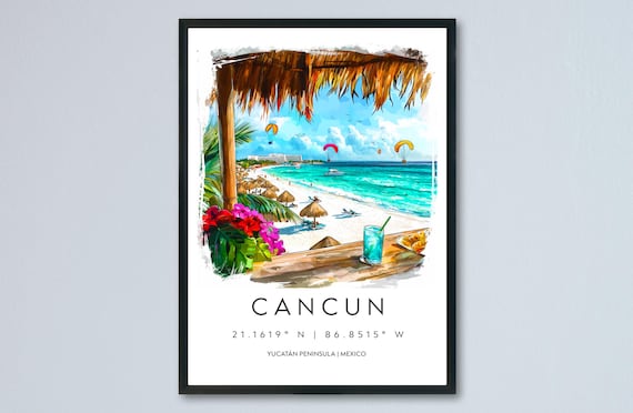 Cancun Watercolor Poster Travel Print Wall Art Mexico Beach Painting Souvenir Tropical Decor