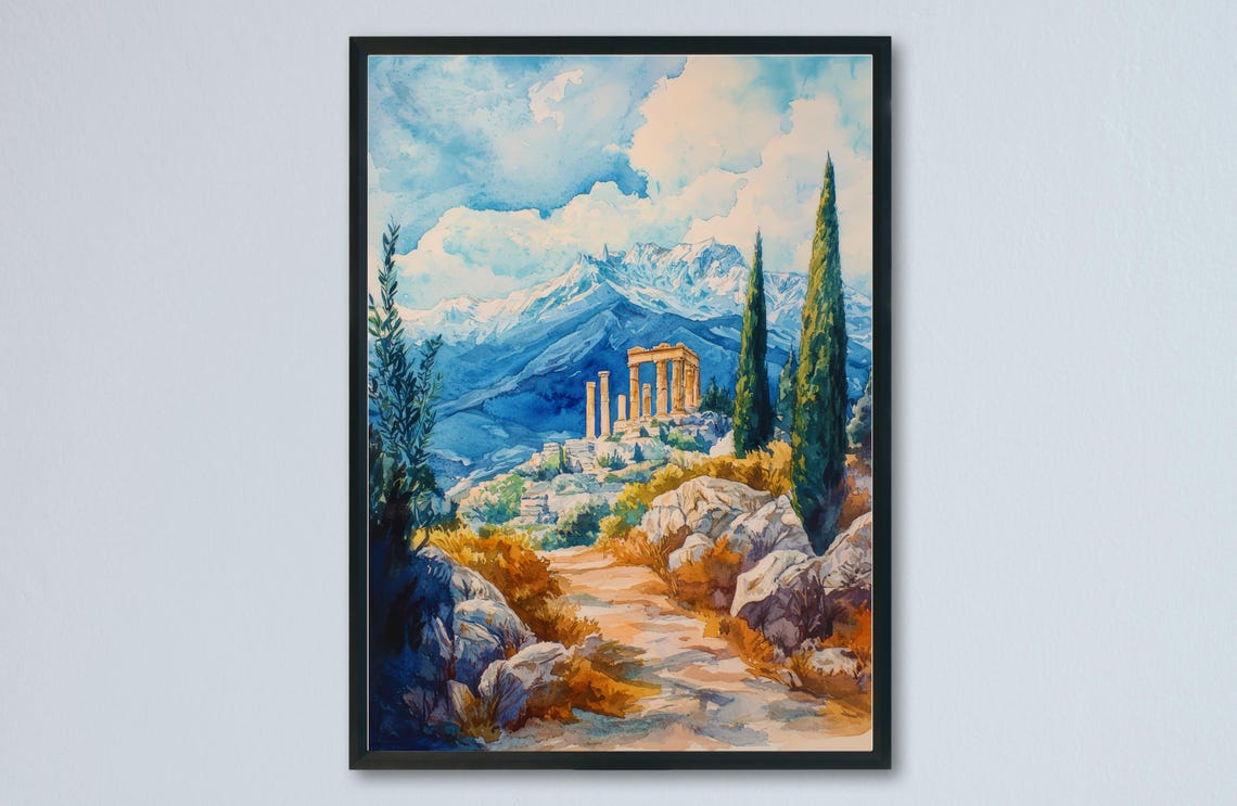 Mount Olympus Greece Watercolor Poster Ancient Ruins Mountain View