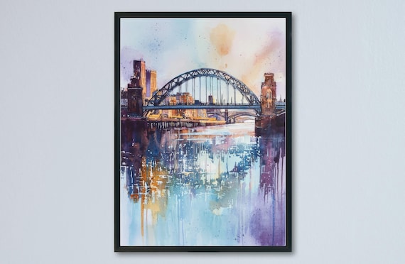 Newcastle Tyne Bridge Watercolor River Reflection England Poster