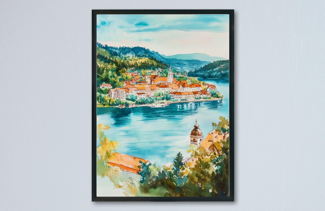 Klagenfurt Old Town Worthersee Blue Lake Watercolor Beautiful Poster