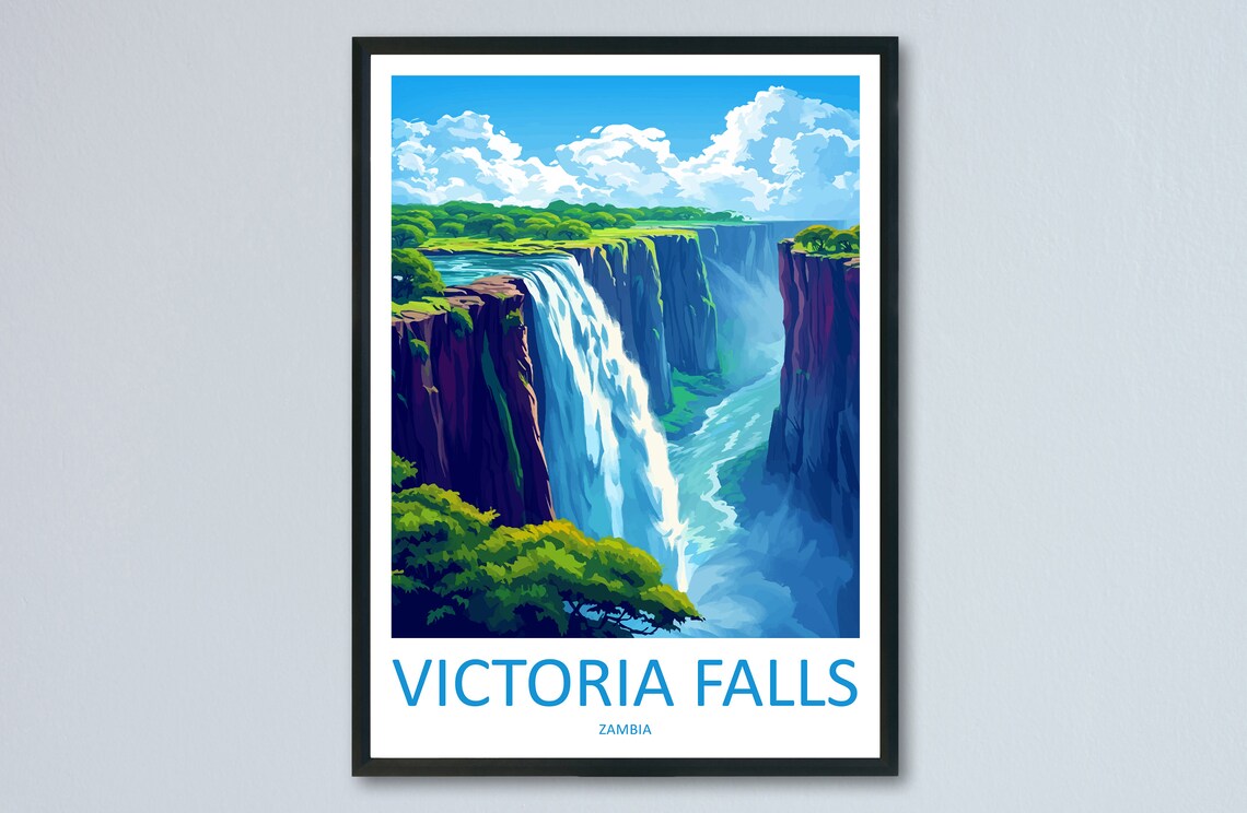 Victoria Falls Zambia Waterfall Gorge Mist Rainbow Travel Poster