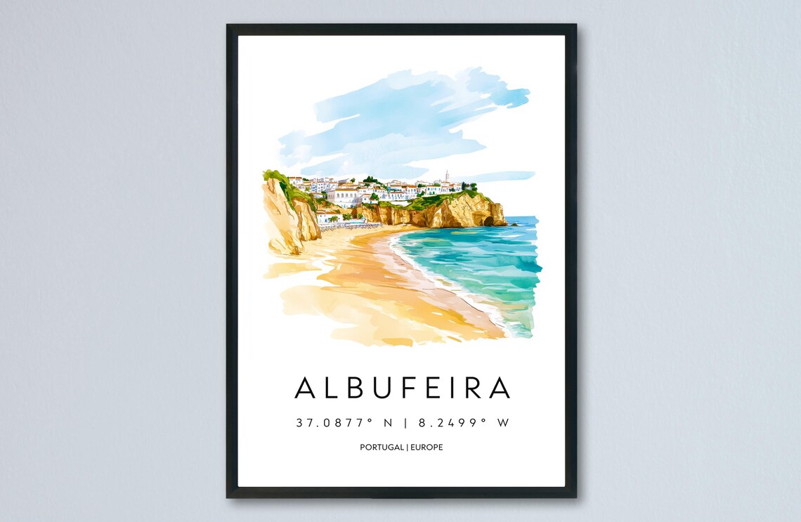 Albufeira Portugal Beach Cliffs Watercolor Travel Poster Coordinates