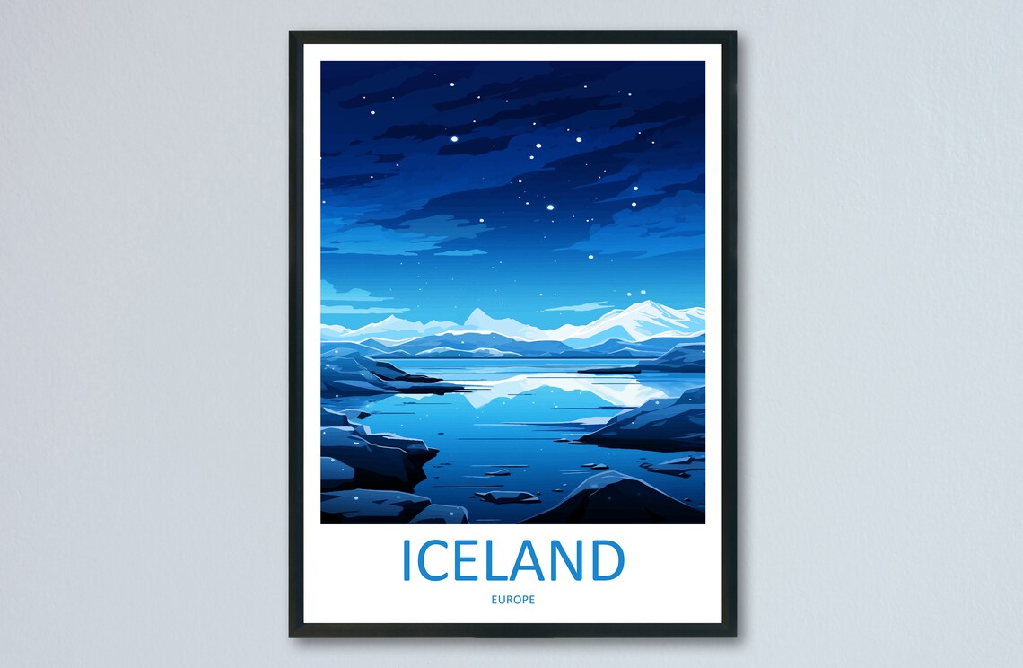 Iceland Starry Night Snowy Mountain Lake Europe Travel Poster