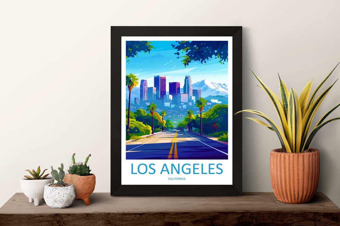 Los Angeles California Downtown Skyline Mountains Travel Poster - Image 3