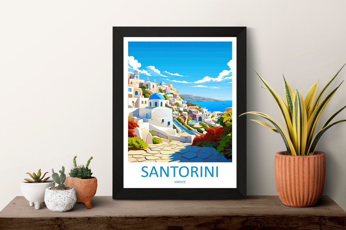 Santorini Greece White Village Blue Domes Over Aegean Sea Poster - Image 3