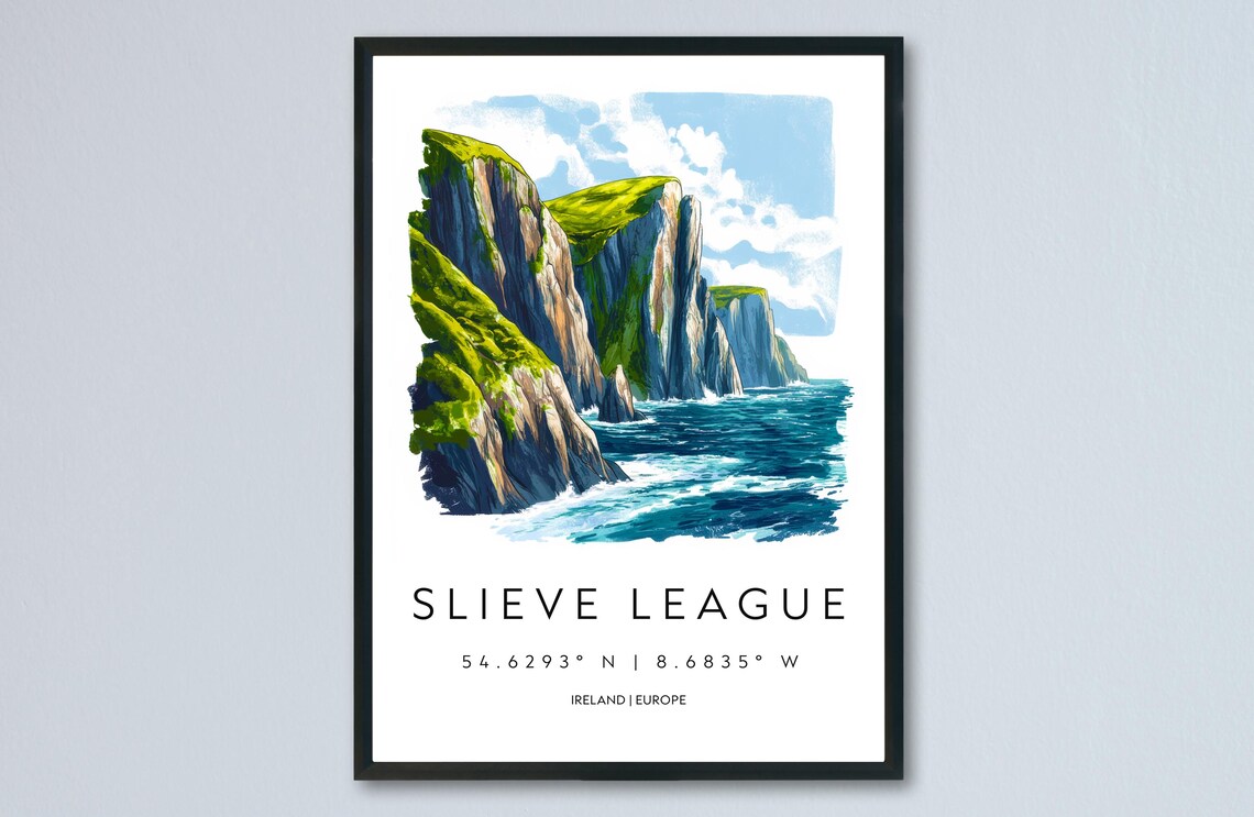 Slieve League Ireland Sea Cliffs Scenic Watercolor Travel Poster