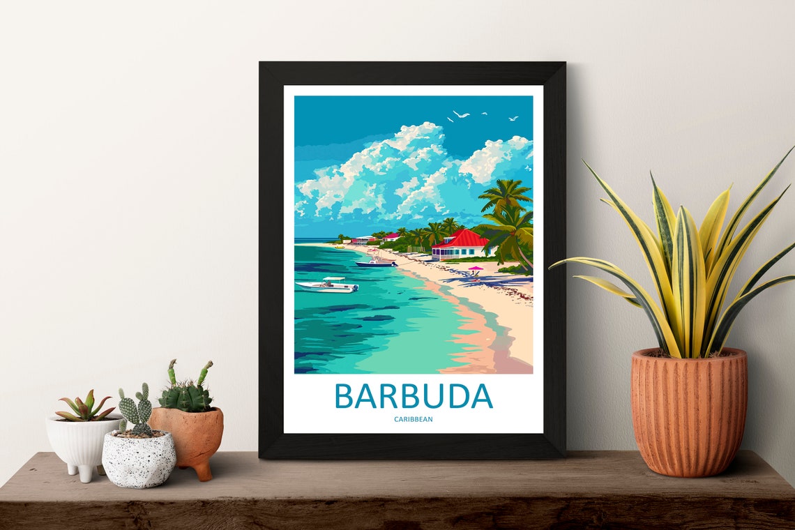 Barbuda Caribbean Beach Scene Boats Palm Trees Island Art Print - Image 3