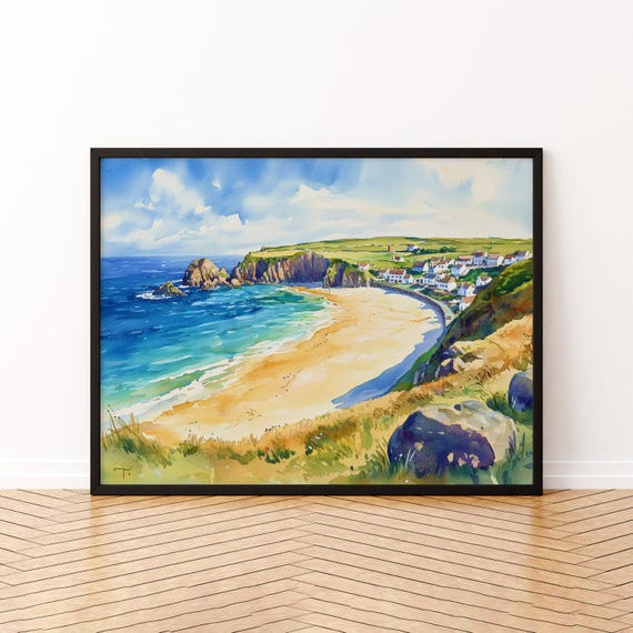 Sennen Cove Cornwall Watercolor Poster Travel Print Coastal Beach Painting Seaside Wall Art Uk Decor Souvenir