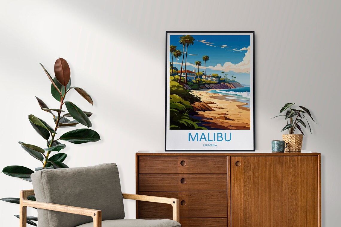 Malibu California Sandy Beach Palm Trees Vintage Travel Poster - Image 2