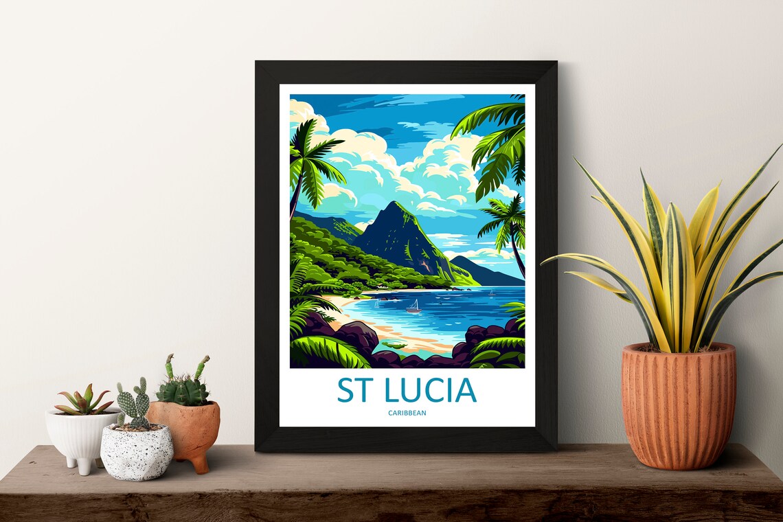 Saint Lucia Piton Mountain Palm Fringed Bay Caribbean Travel Poster - Image 3