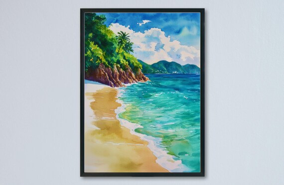 US Virgin Islands Tropical Beach Palm Tree Watercolor Art Poster