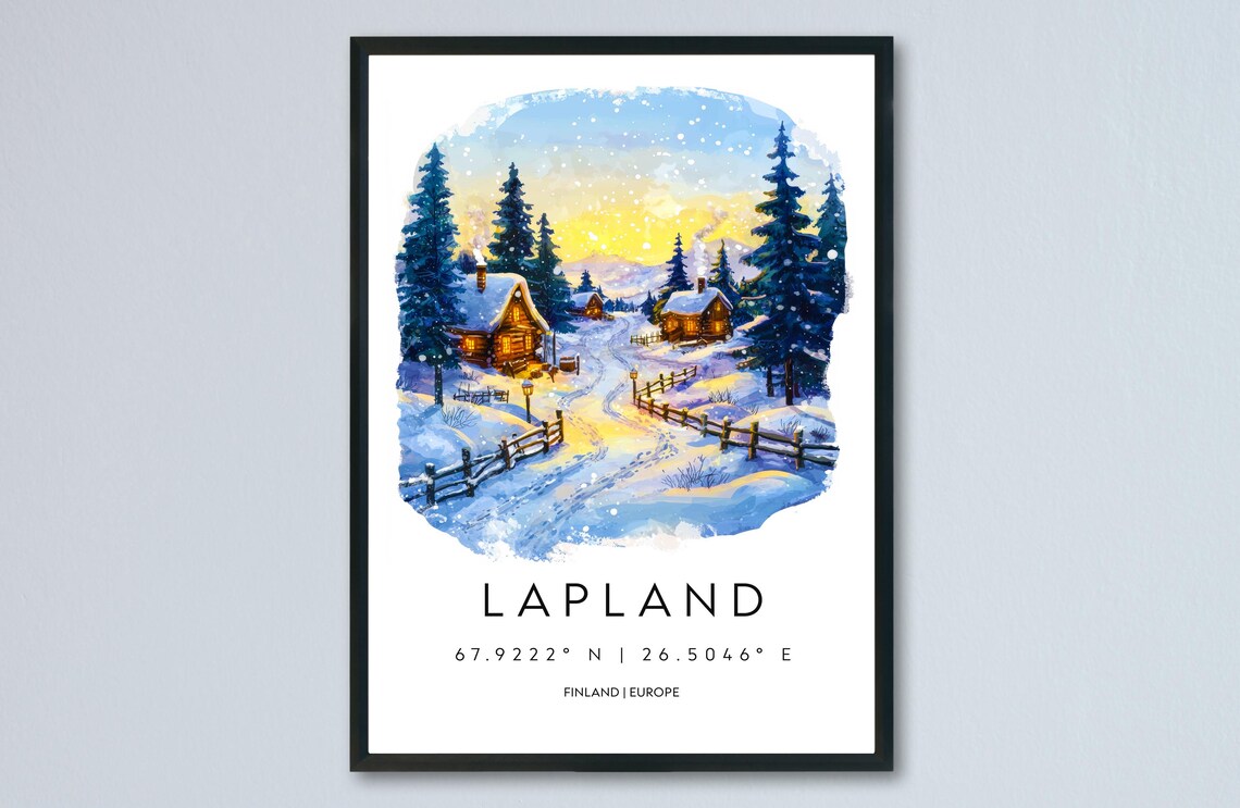 Lapland Finland Snowy Cabins Sunset Watercolor Travel Poster