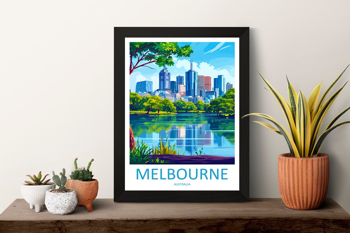 Melbourne Australia City Skyline Lake Reflection Travel Poster - Image 3