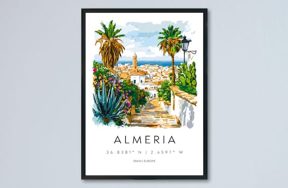 Almeria Watercolor Spain Whitewashed Old Town Steps Travel Poster
