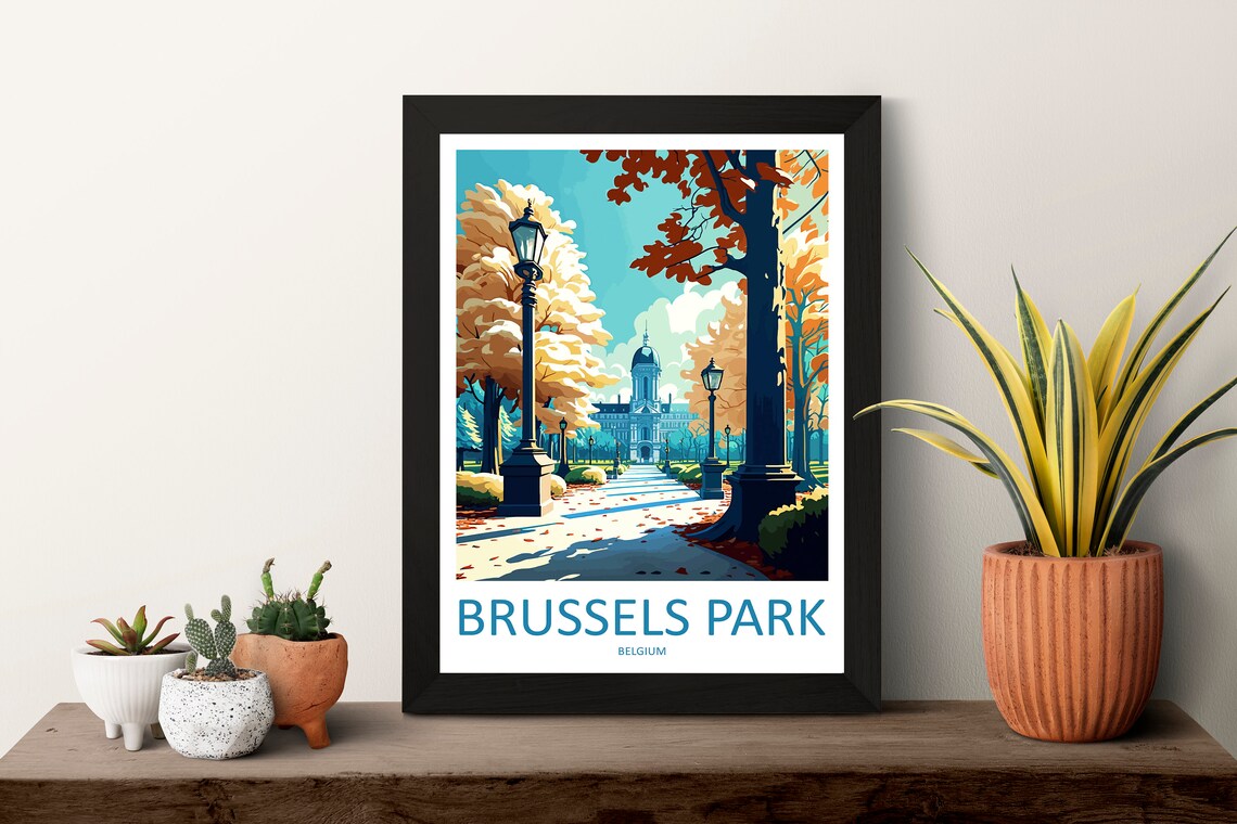 Brussels Park Belgium Autumn Lamp Lit Path Vintage Travel Poster - Image 3