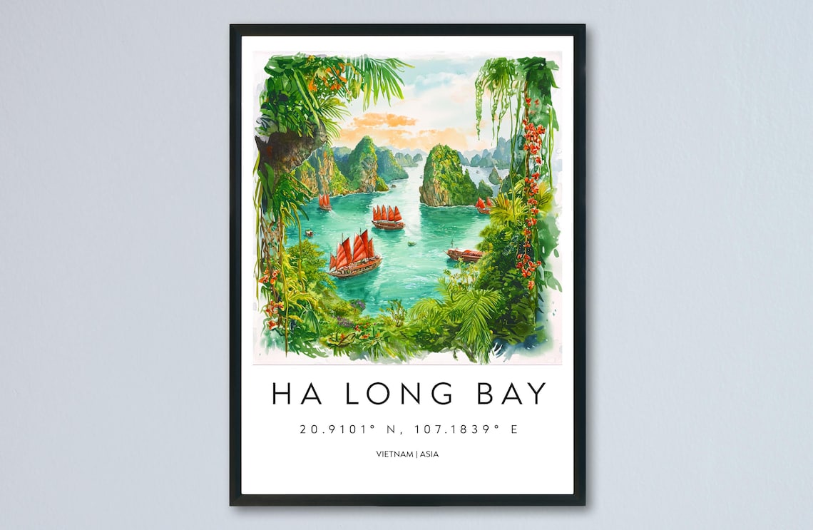Ha Long Bay Vietnam Red Sail Boats Limestone Karsts Watercolor Poster