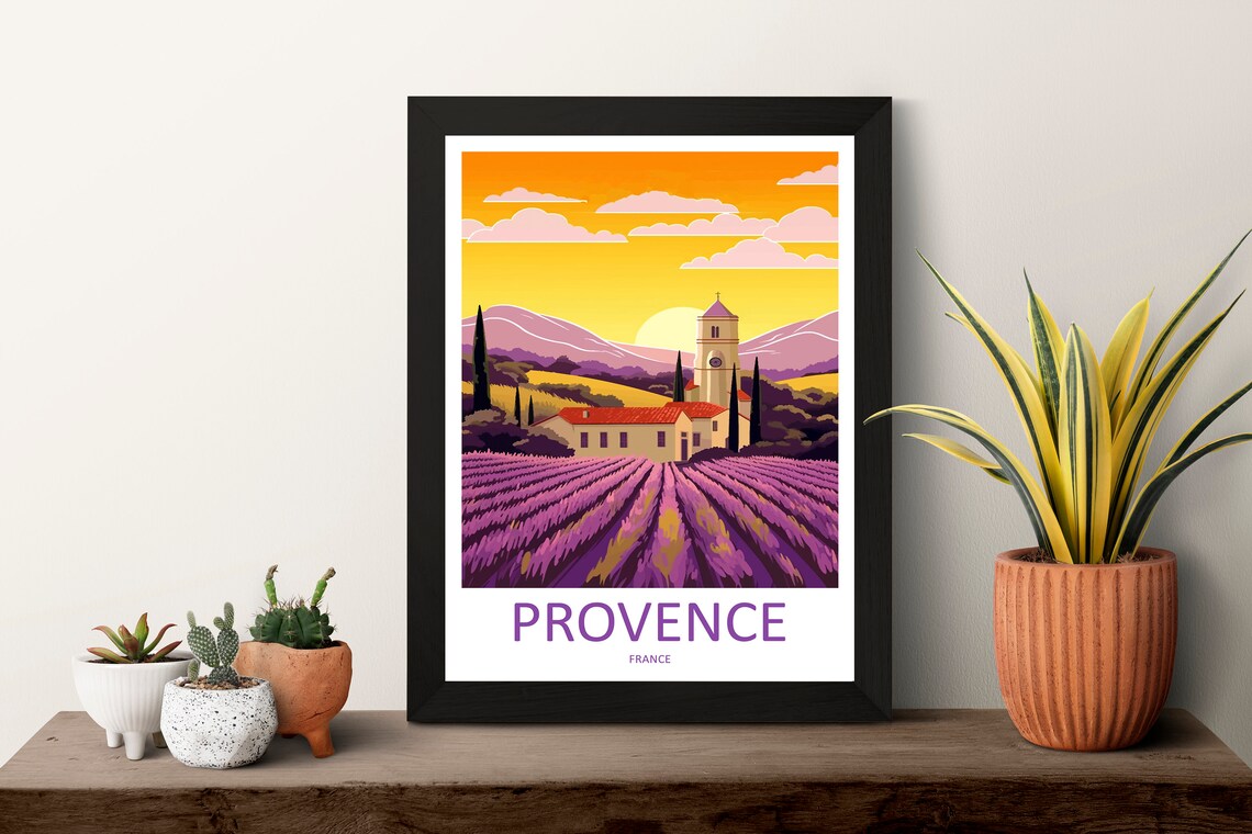 Provence France Lavender Fields with Church at Sunset Travel Poster - Image 3