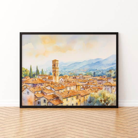 Tuscan Italian Village Bell Tower Watercolor Countryside Travel Poster