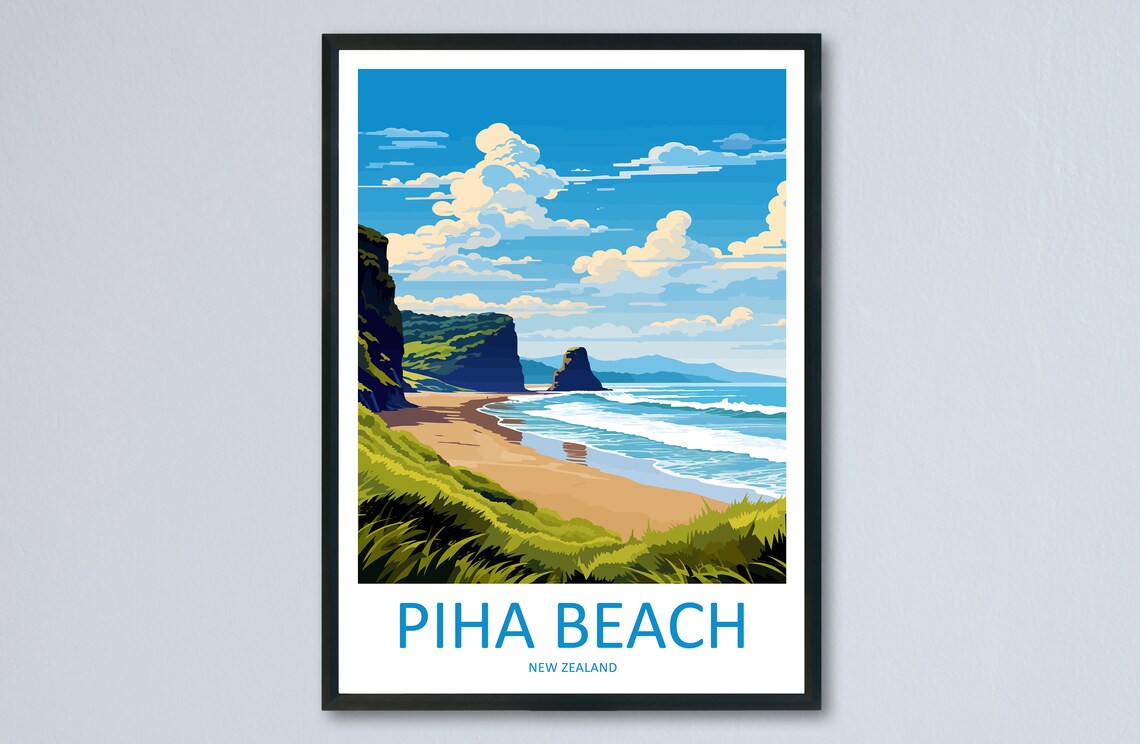 Piha Beach Travel Poster, New Zealand Coastal Art
