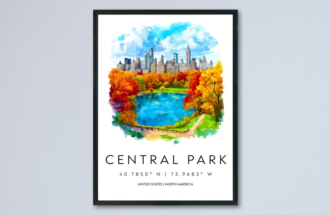 Central Park Autumn Lake New York Watercolor Travel Poster Coordinates