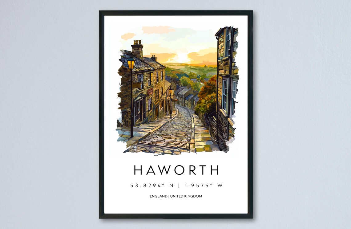 Haworth England Cobbled Street Sunset Watercolor Travel Poster