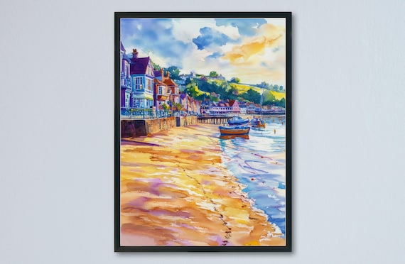 Teignmouth Golden Beach Sunset Seafront Houses Watercolor Poster