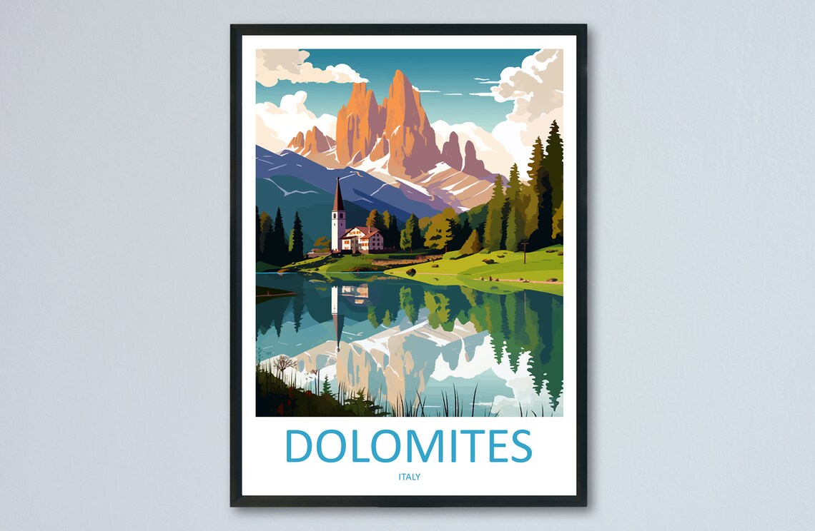 Dolomites Italy Mountain Lake Chapel Alpine Scene Travel Poster