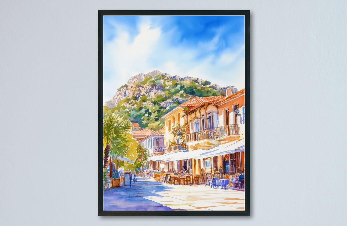Nafplio Greece Sunny Cafe Plaza Old Town Mountain Watercolor Poster