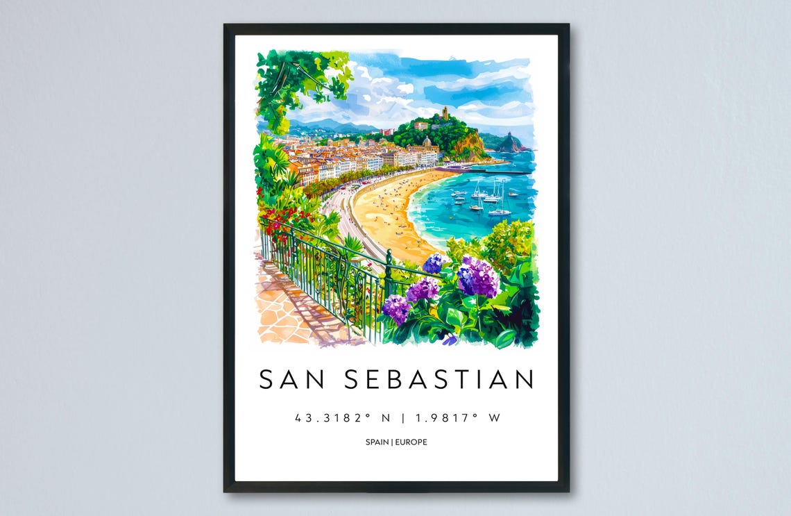 San Sebastian Spain La Concha Bay Watercolor Beach Art Poster