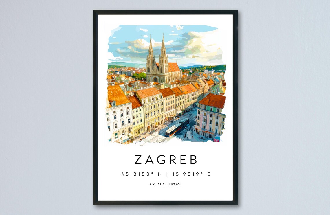 Zagreb Croatia Cathedral Old Town Watercolor Travel Poster Coordinates