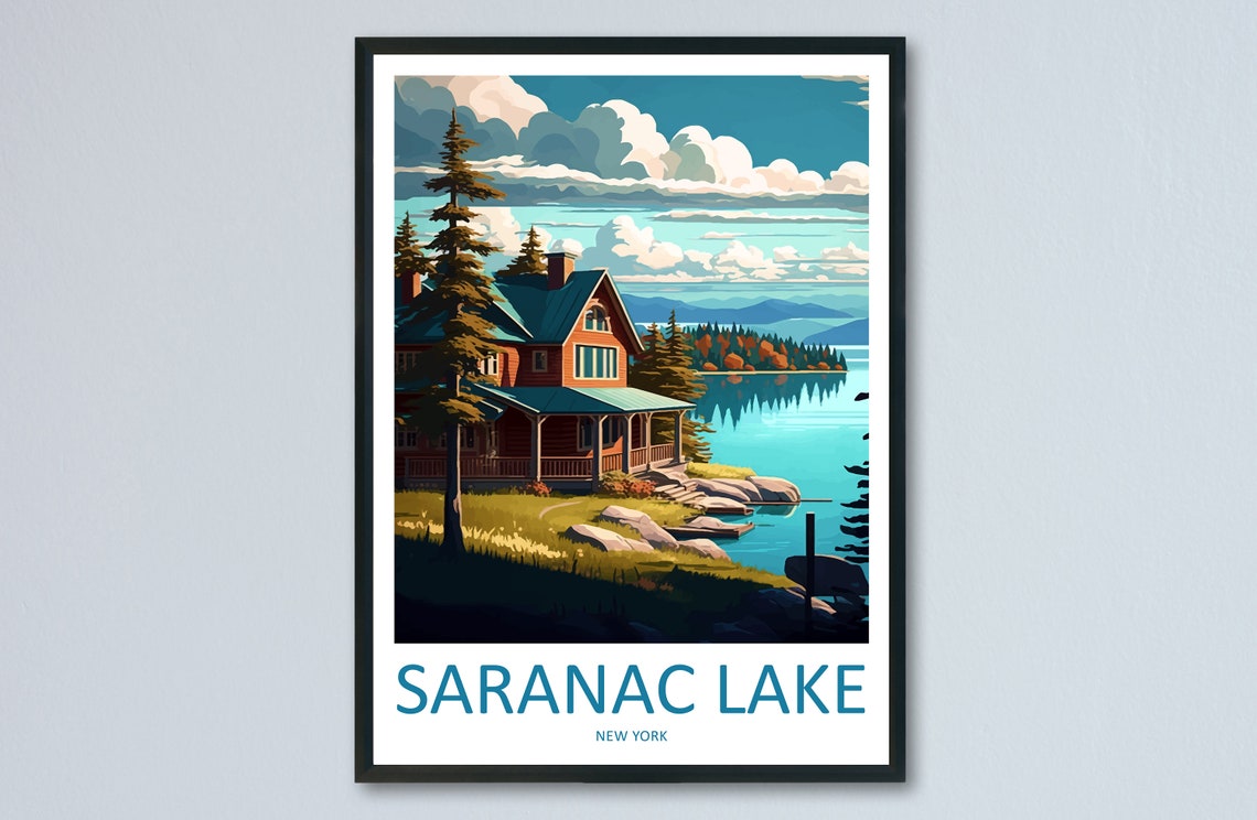 Saranac Lake New York Lakeside Cabin Under Pine Trees Poster