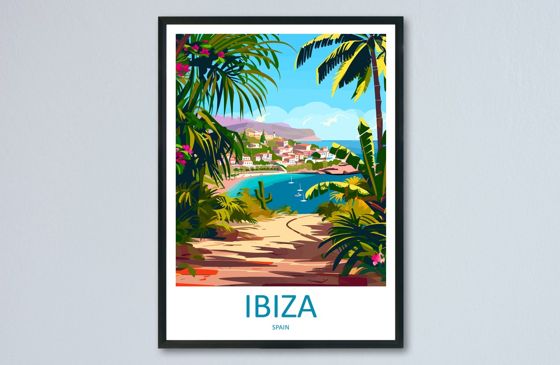 Ibiza Spain Tropical Palm Framed Sailboat Cove Coastal Poster