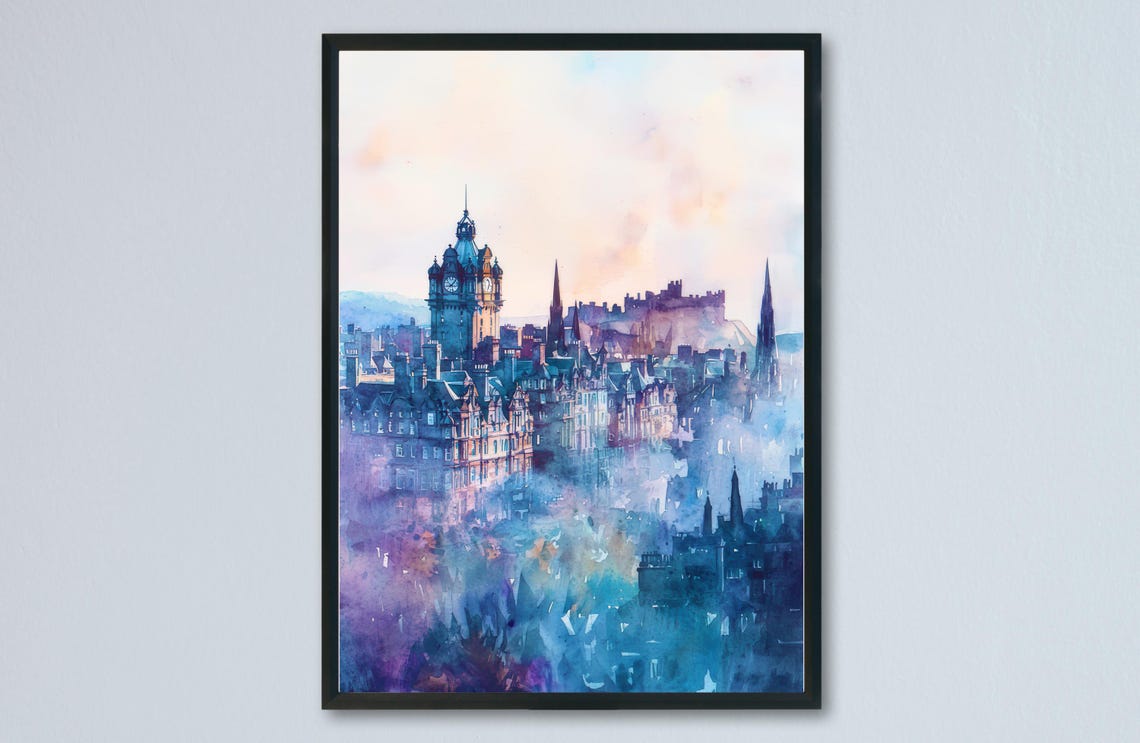 Edinburgh Skyline Clock Tower Spires Mist Watercolor City Poster