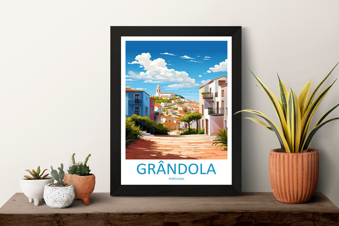 Grandola Portugal Hillside Whitewashed Town Scene Travel Poster - Image 3