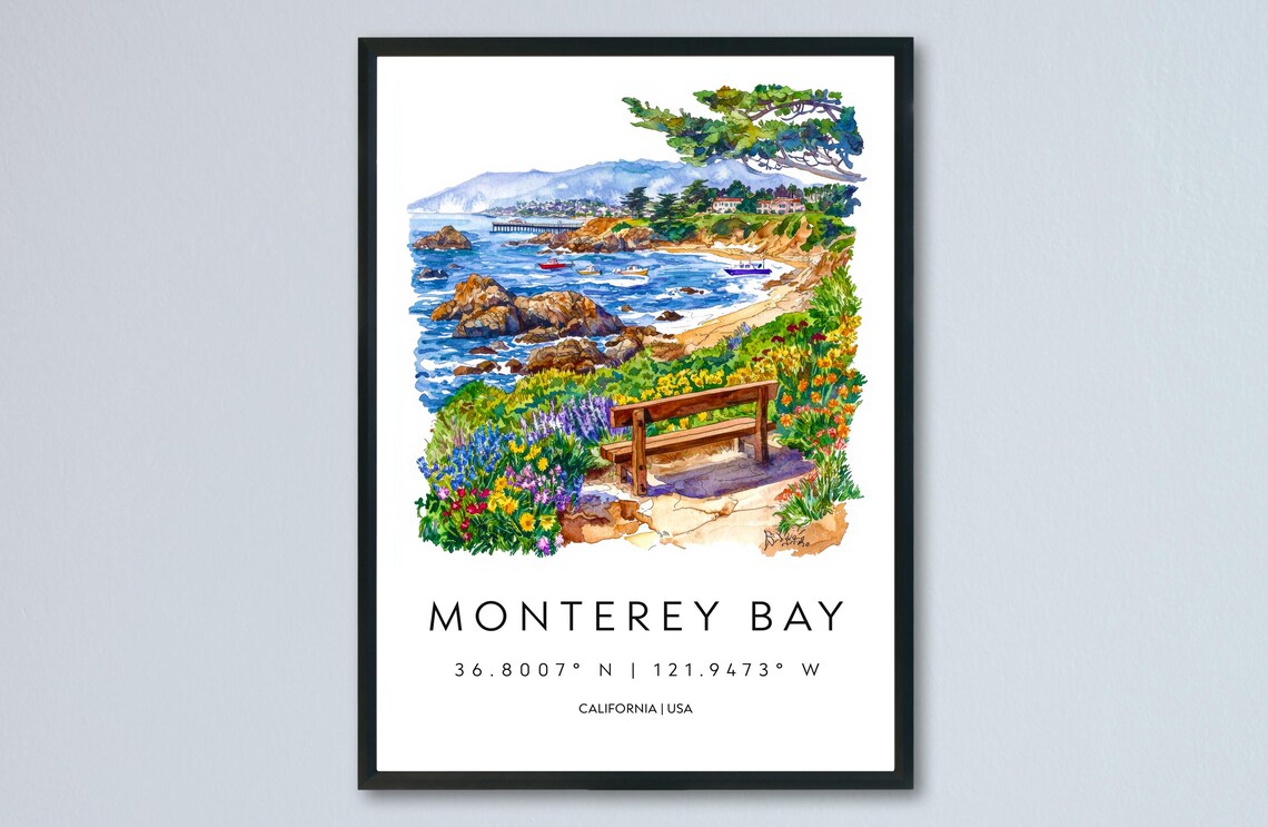 Monterey Bay California Wildflower Overlook Rocky Cove Travel Poster