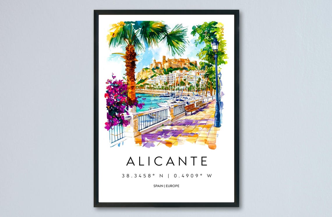 Alicante Spain Mediterranean Harbor Watercolor Travel Art Poster