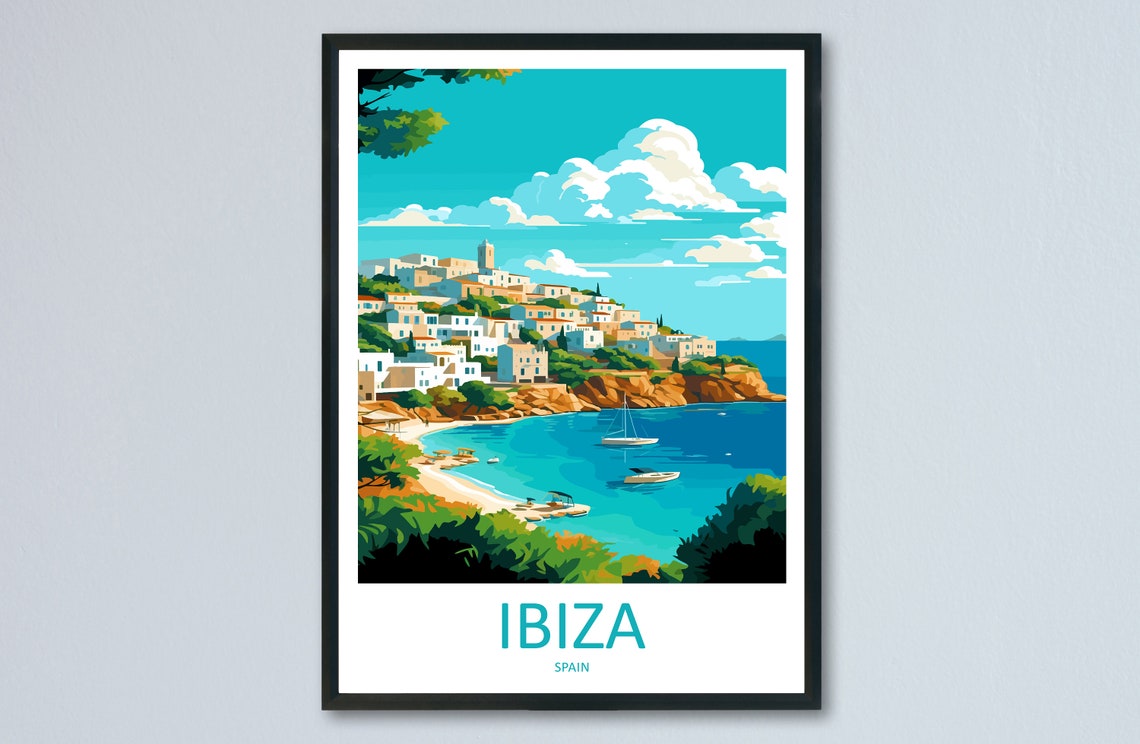Ibiza Spain Whitewashed Hillside Bay Boats Seaside Travel Poster