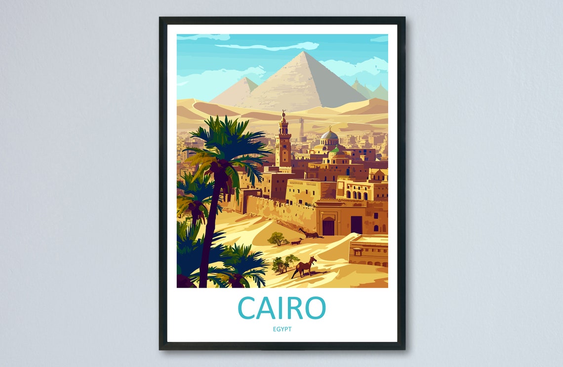 Cairo Egypt Pyramids Of Giza Desert Caravan Scene Travel Poster