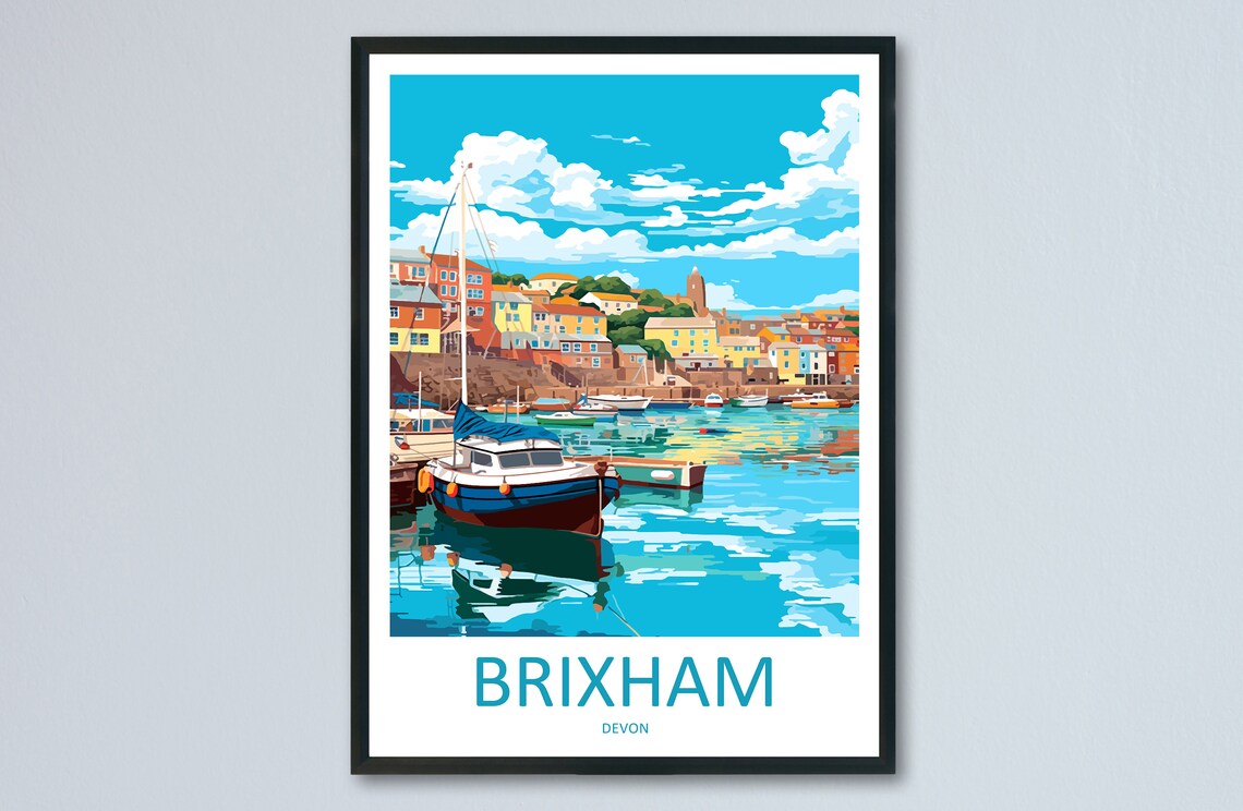 Brixham Devon Fishing Harbour Colorful Boats Town View Poster