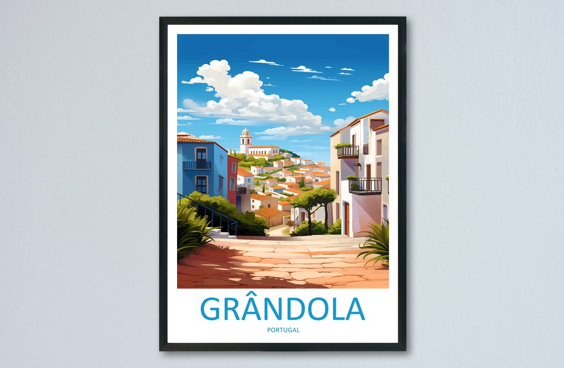 Grandola Portugal Hillside Whitewashed Town Scene Travel Poster
